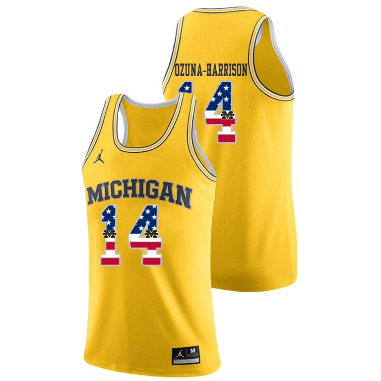 Michigan Wolverines Men's NCAA Rico Ozuna-Harrison #14 Yellow Jordan Brand USA Flag College Basketball Jersey CUV3549UB